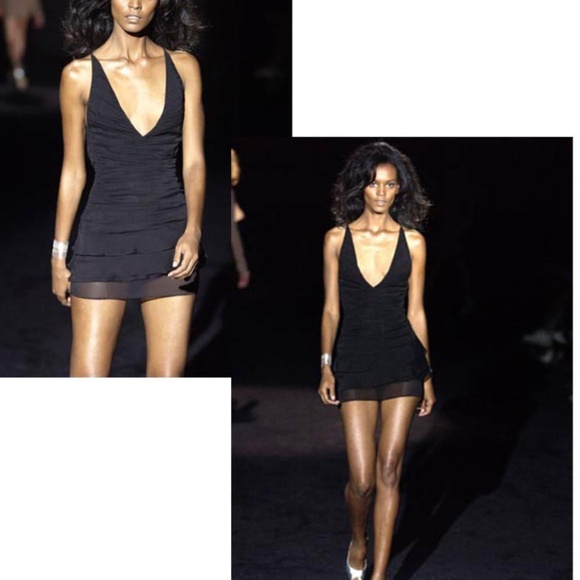 Gucci Tom Ford S/S 2003 black ruffle plunging neckline backless silk mini dress